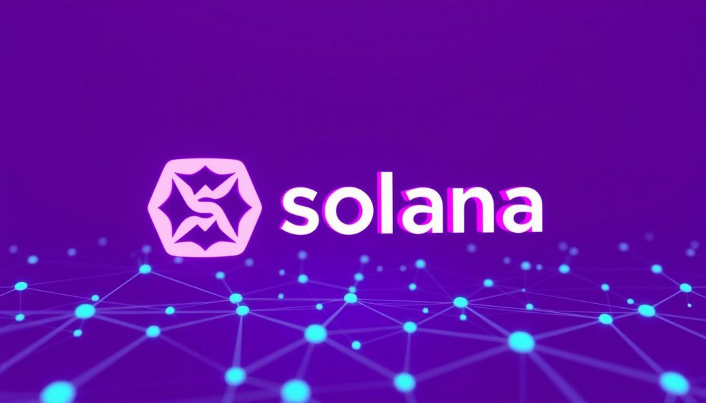 Блокчейн Solana и его логотип на фиолетовом фоне Блокчейн Solana и его логотип на фиолетовом фоне