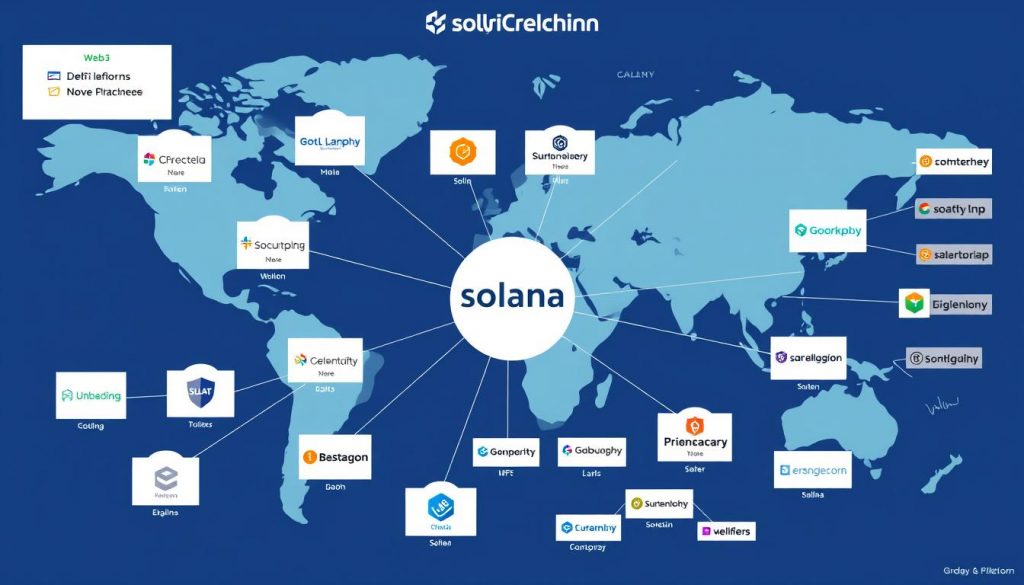 Экосистема проектов Solana с логотипами ведущих dApps Экосистема проектов Solana с логотипами ведущих dApps